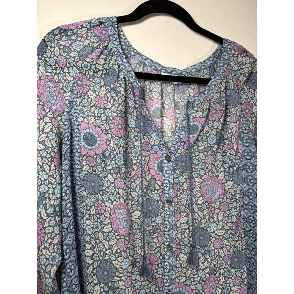 J. JILL Floral Sheer 3/4 Sleeve Blouse Blue Tie Size Medium Boho Cottagecore‎ - Picture 2 of 8